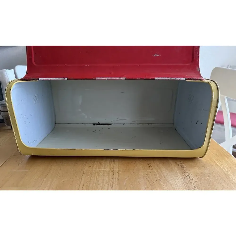 Vintage‎ Decoware Metal Bread Box w/Yellow Lattice Pattern W/Cherry motif
